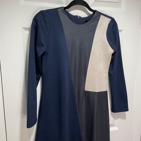 Mandrinne Fit to Flare Dress Navy Black Cream Colorblock Modest Girl's Size 14 - Picture 2 of 6